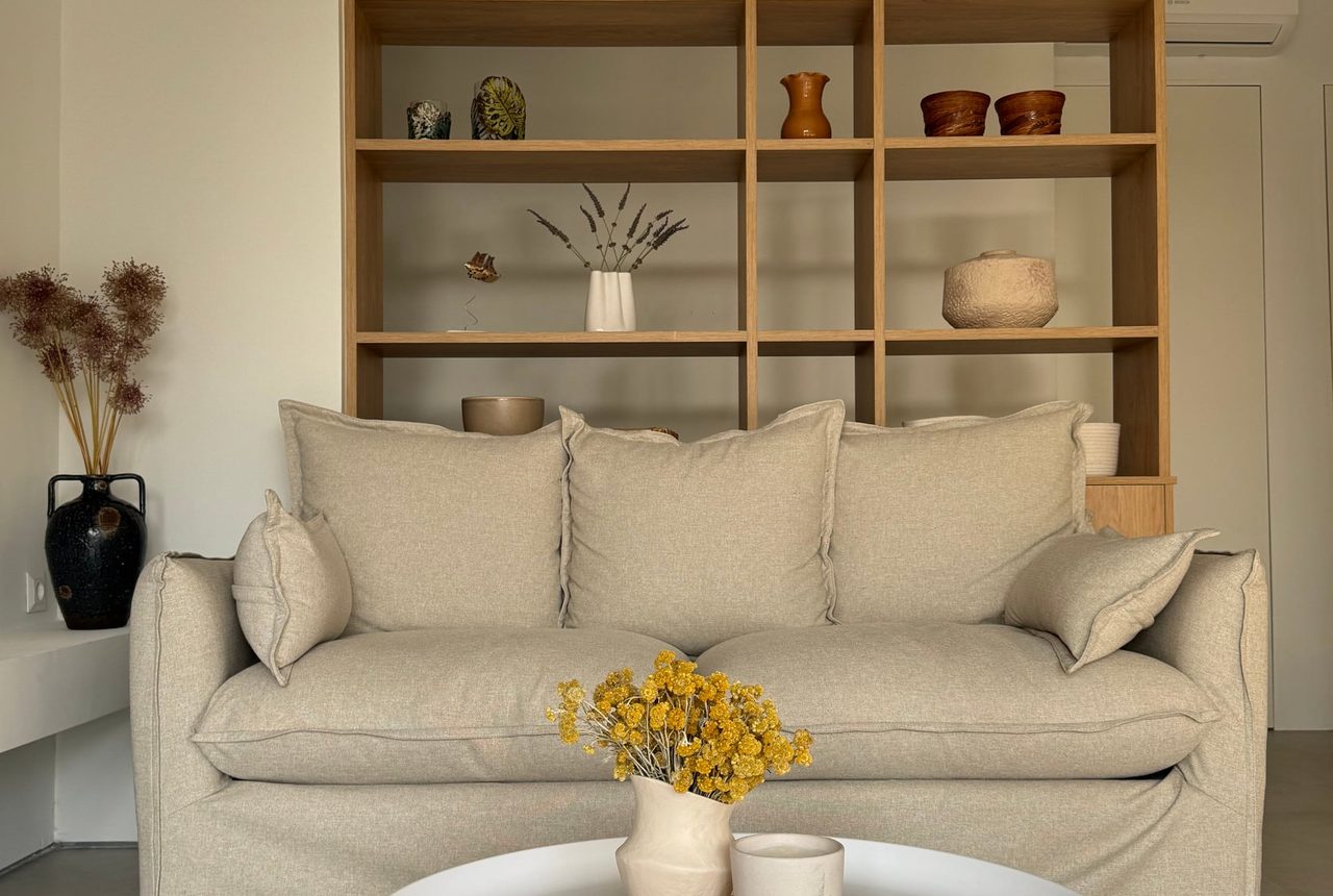 Lagouvardos Beach House II, warm beige linen living room
