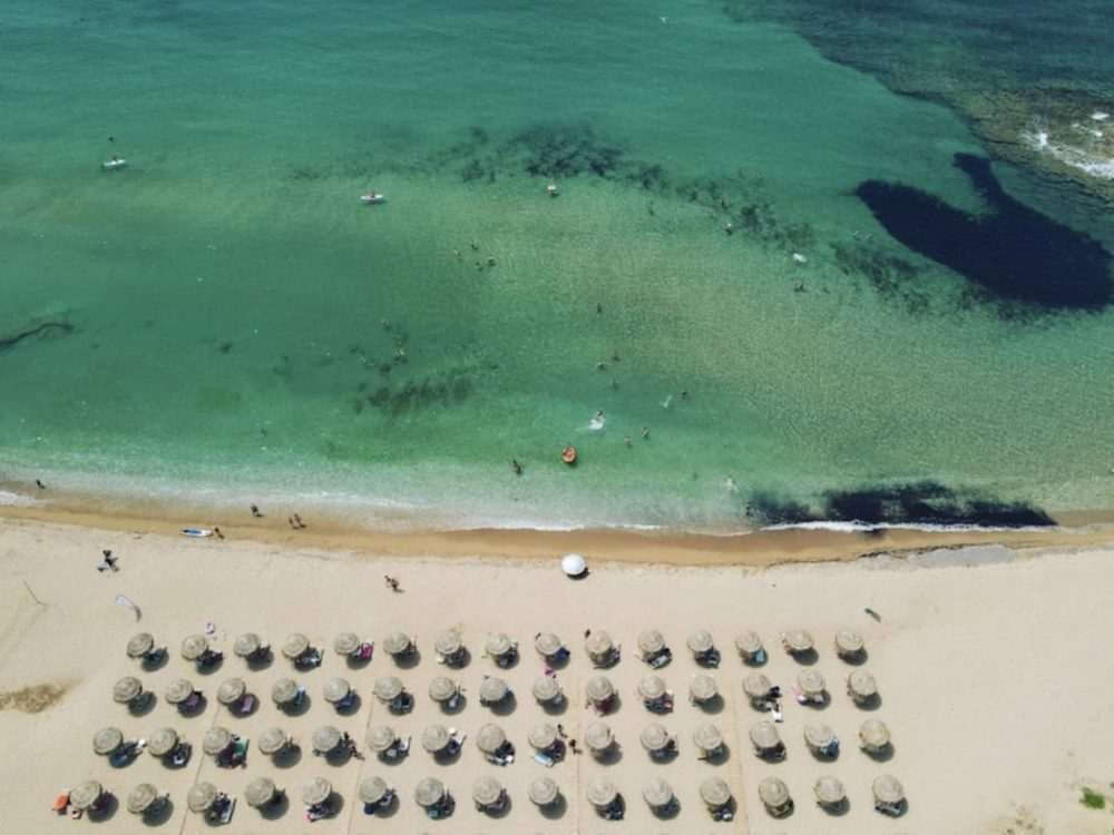 Aerial view of the turquoise bay at Lagouvardos