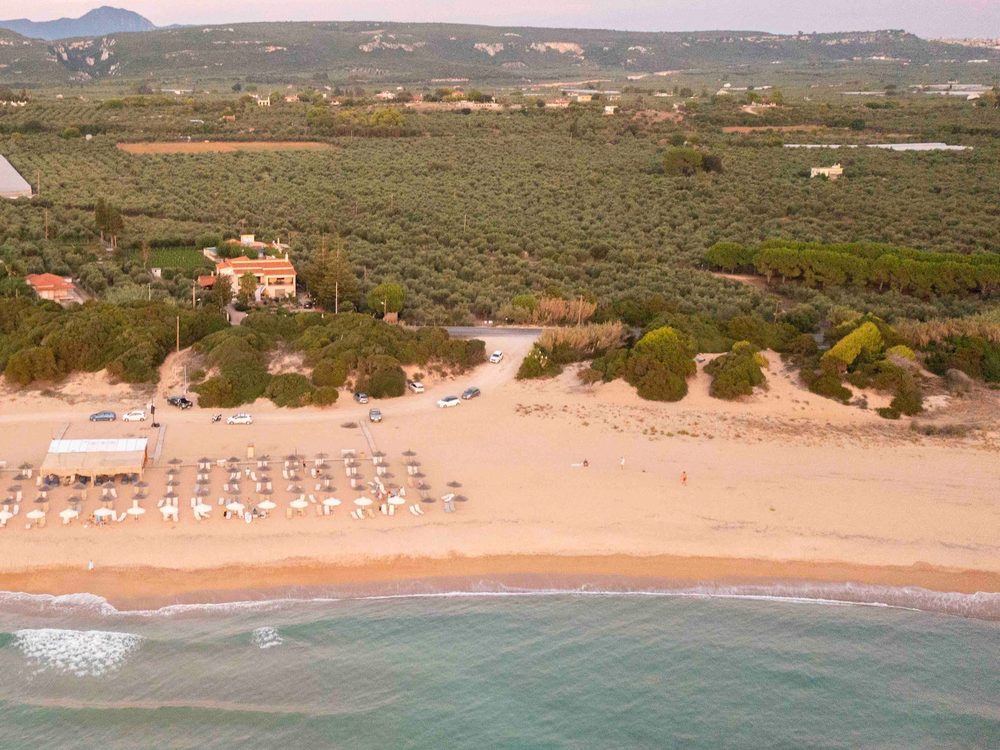 Aerial view of the long sandy beach at Lagouvardos