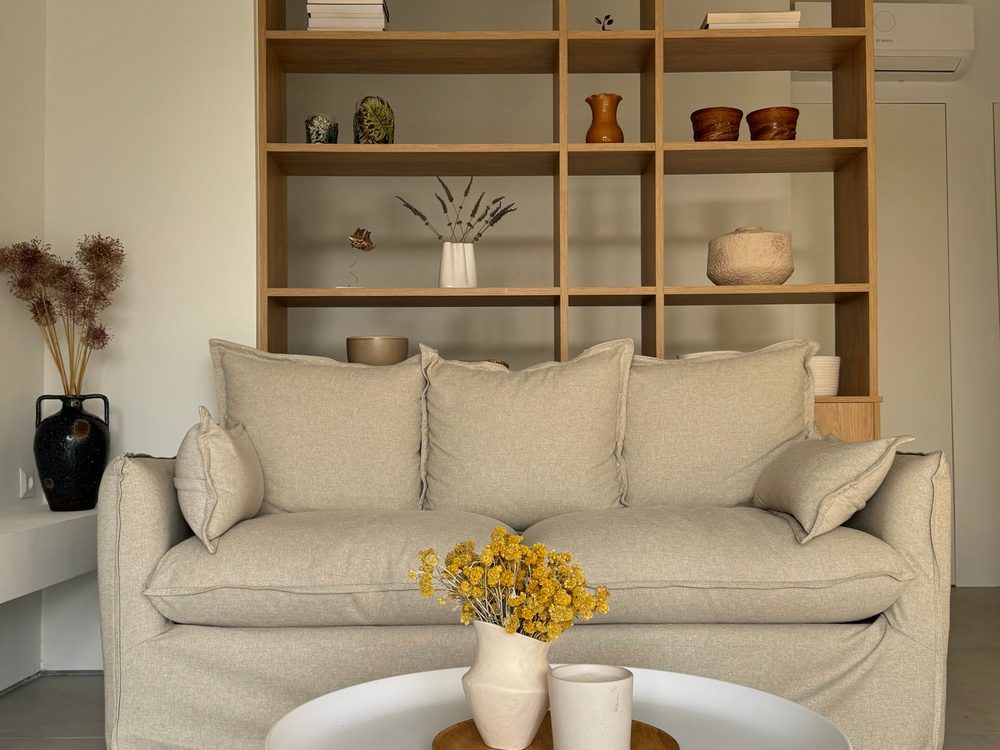 House II beige linen living room